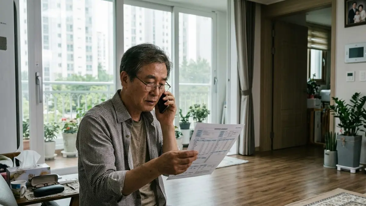 서류를 들고 국민연금공단에 전화하는 60대 남성