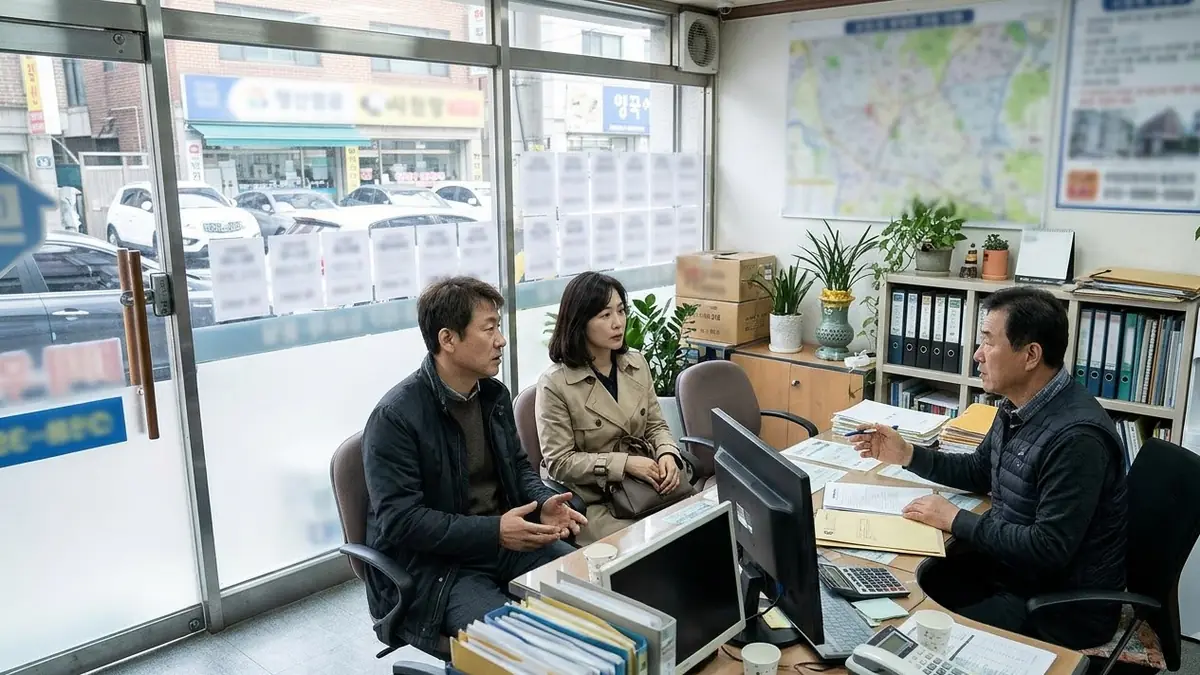 부동산 중개사무소에서 부부가 중개사와 계약 조건을 상담하는 모습