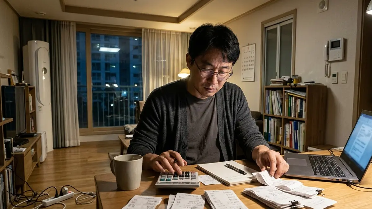 집 책상에서 영수증과 계산기로 연말정산 공제를 정리하는 직장인