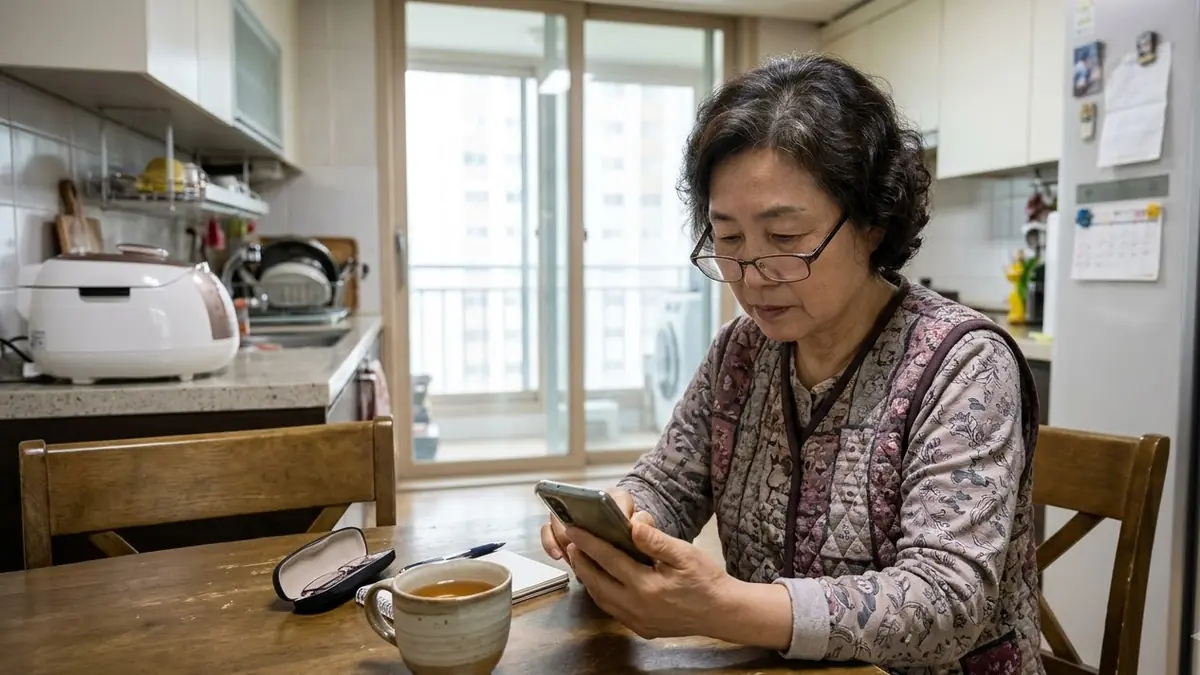 집 부엌 식탁에서 안경을 쓴 중년 여성이 스마트폰으로 국민연금 가입내역을 확인하는 모습